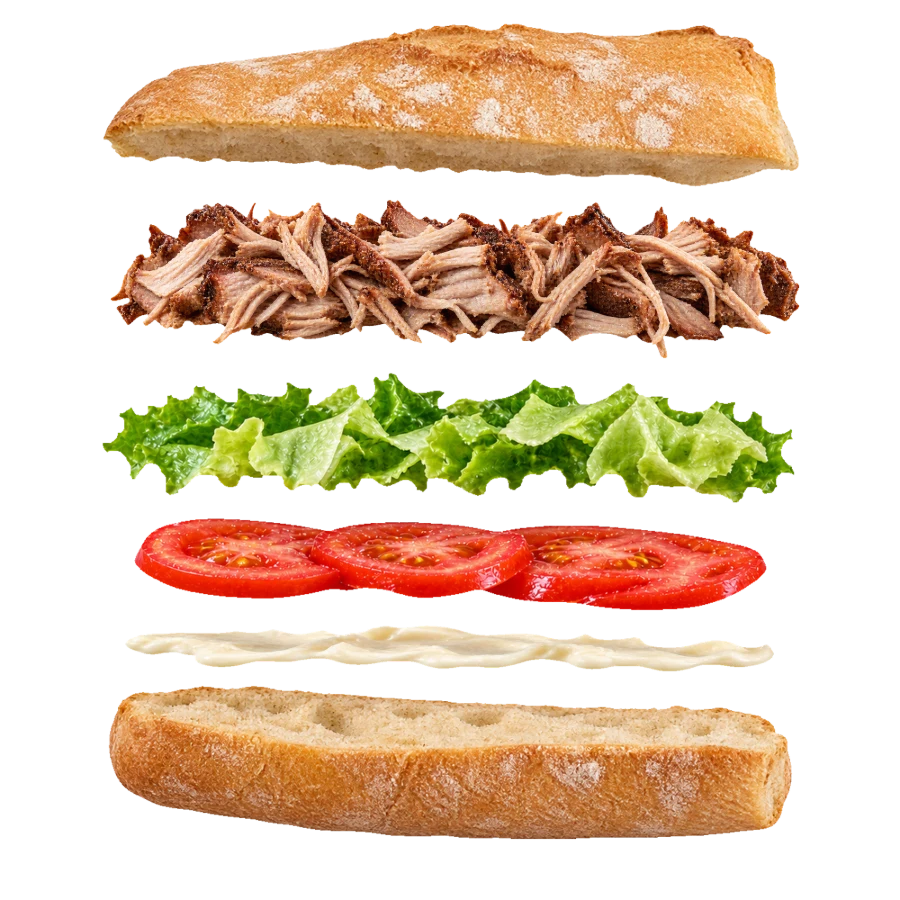 Despiece ilustrativo del Gallego: pan, cerdo al estilo gallego, lechuga, tomate, mayonesa y pan